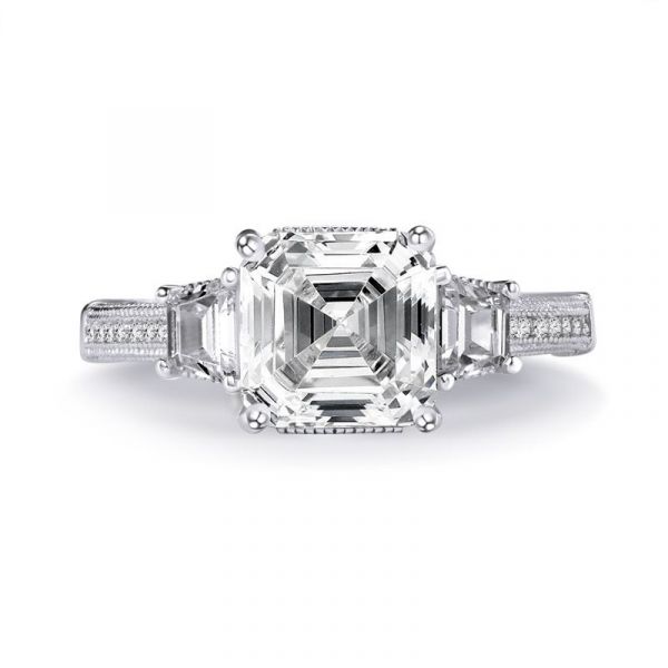 Sterling Silver Graceful Three Stone Halo Asscher Cut Engagement Ring