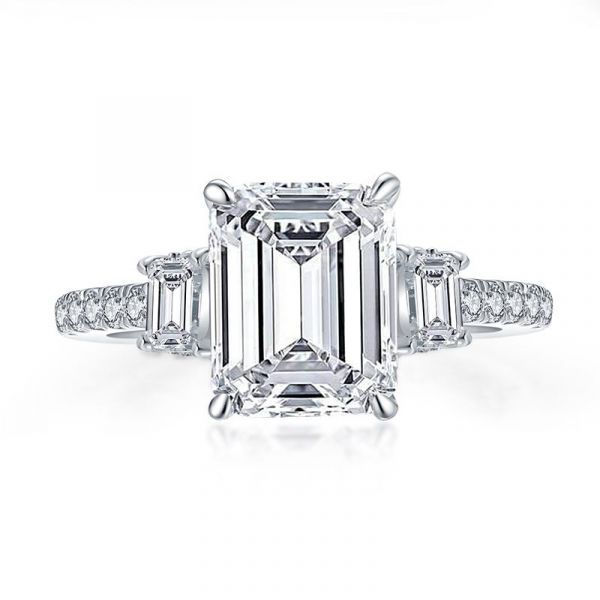 Sterling Silver Elegant Three Stone Halo Emerald Cut Engagement Ring