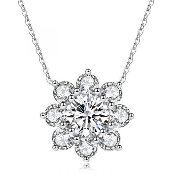 Sterling Silver Flower Inspired Halo Design Round Cut Necklace