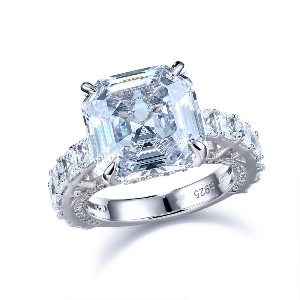 Sterling Silver Delicate Vintage Halo Asscher Cut Engagement Ring