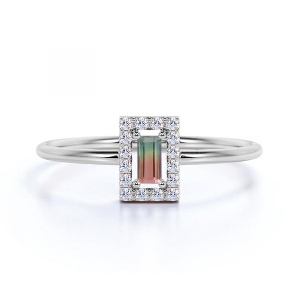 Sterling Silver Delicate Emerald With Round Cut Watermelon Engagement Ring