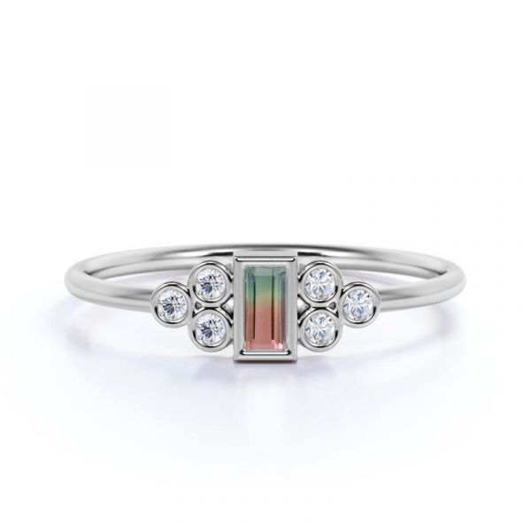 Sterling Silver Unique Emerald With Round Cut Watermelon Engagement Ring