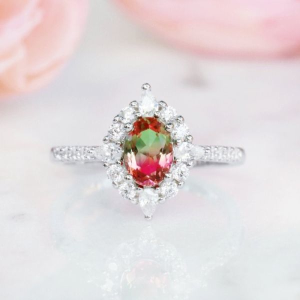 Sterling Silver Vintage Halo Design Oval Cut Watermelon Engagement Ring