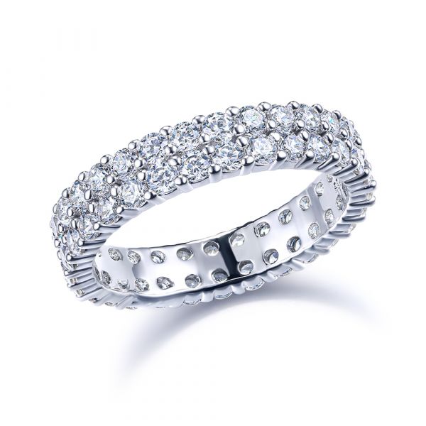 Sterling Silver Two Row Round Cut Women's Eternity Wedding Band