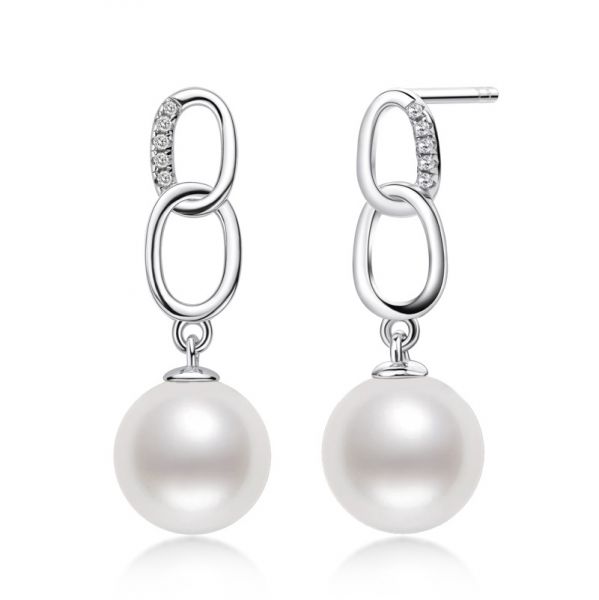 Sterling Silver Classic Link Design Round Cut Pearl Drop Earrings