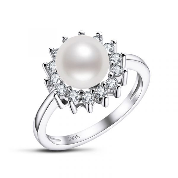 Sterling Silver Classic Halo Round Cut Pearl Engagement Ring
