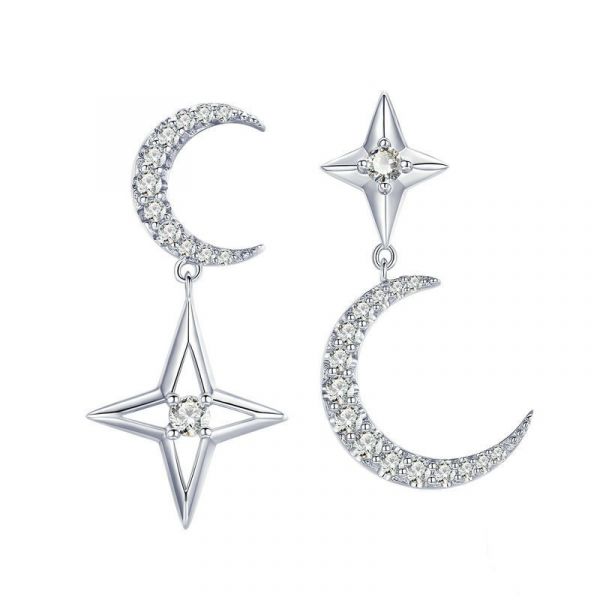 Sterling Silver Delicate Moon And Stars Design Round Cut Drop Earrings