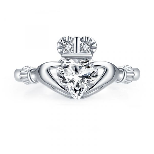 Sterling Silver Hands Holding Heart Crown Engagement Ring