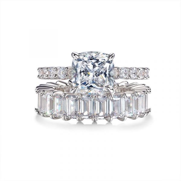 Sterling Silver Delicate Cushion And Emerald Cut Wedding Ring Set