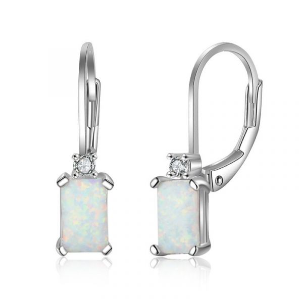 Sterling Silver Simple Radiant With Round Cut Opal Drop Earrings