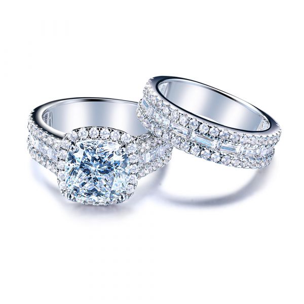 Sterling Silver Exquisite Halo Cushion With Round Wedding Ring Set