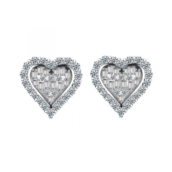 Sterling Silver Exquisite Heart Shape Round With Baguette Cut Stud Earrings