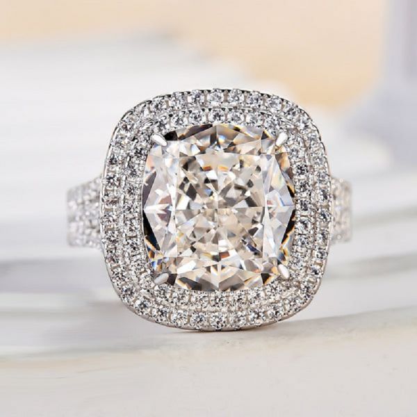 3.0CT Honorable Double Halo Three Shank Cushion Cut Engagement Ring