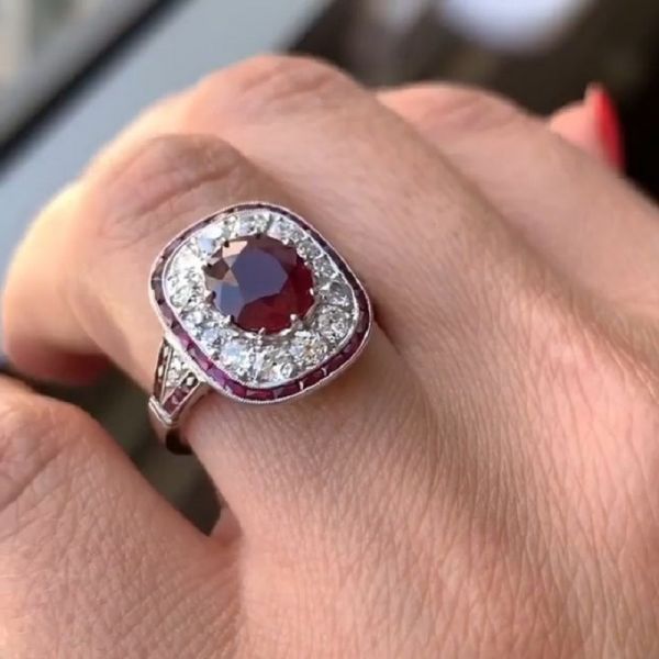 2.0Ct Art Deco Ruby Oval Cut Halo Shape Engagement Ring