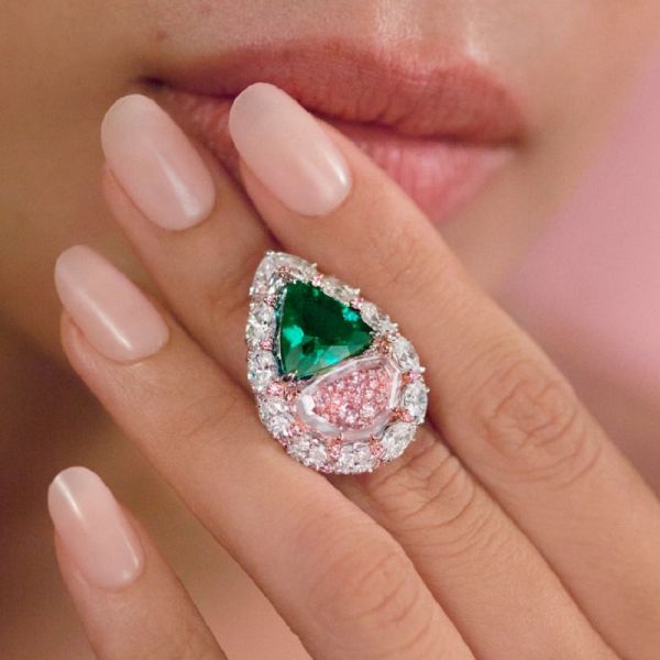 5.7CT Portrait Cut Emerald With Natural Pink Sapphire Vintage Engagement Ring
