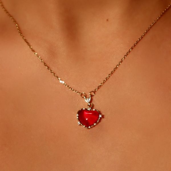 18K Real Gold Plated Red Gem Heart Necklace