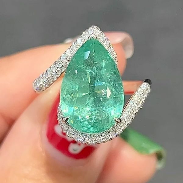 5.56CT Diamond Pear Shaped Bluish Green Band Style Engagement Ring