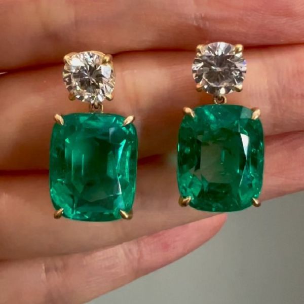 32CT Cushion Cut Emerald Drop Earrings