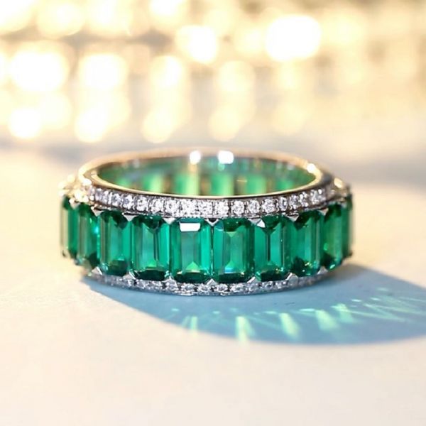 Real Emerald Octagon Diamond Eternity Band Ring Gold