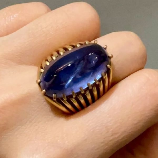 32.12Carat Vintage Raw Blue Sapphire Golden Brass Diamond Ring