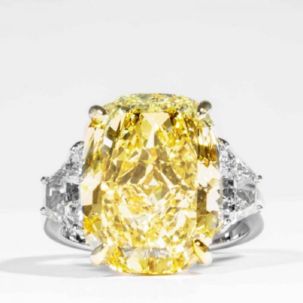 10.52 Carat Fancy Yellow Cushion Cut Canary Diamond 3-Stone Ring