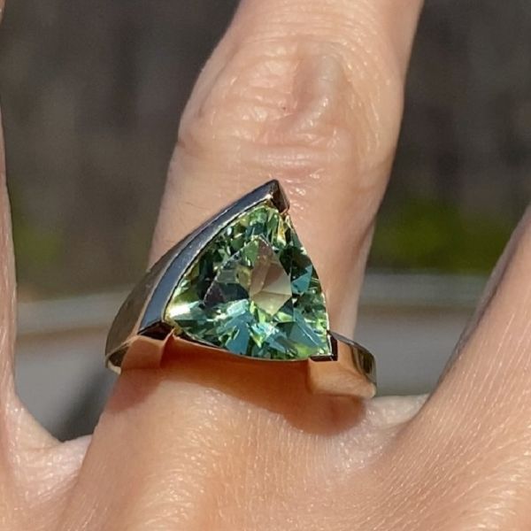 Unique Mint Green Tourmaline Trillion Cut Solitaire Cocktail Ring with French Shank