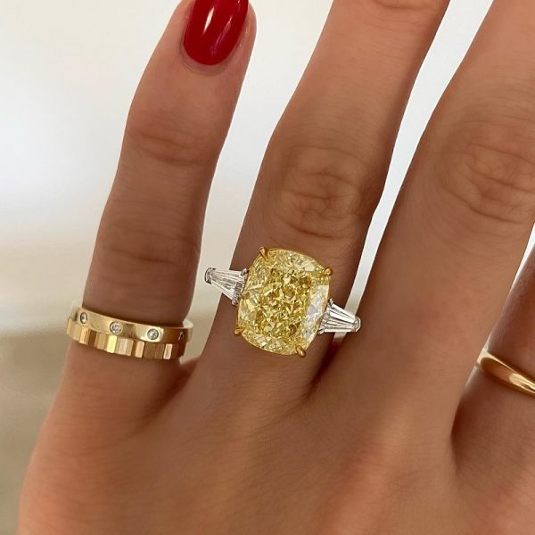 2.12 Carats Yellow Diamond Cushion Cut Three-stone Ring