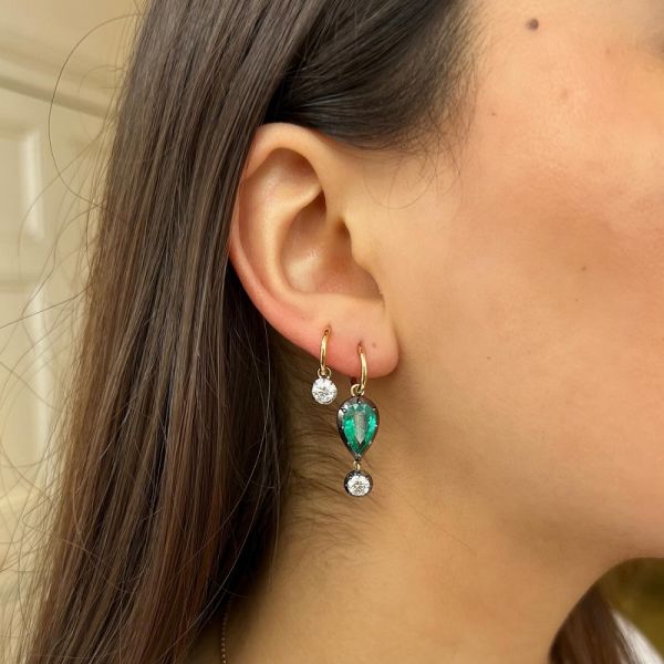 9.0 Carats Vintage Pear Cut Two Tone Emerald Drop Earrings