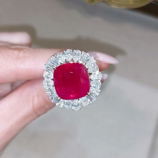 10.80 Carats Cushion Shaped Ruby Diamond Pave Ring