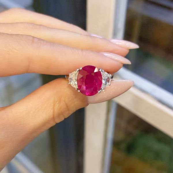 5.19 Carats Oval Cut Ruby Diamond Three Stone Engagement Ring