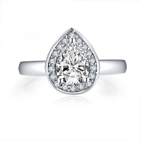 Sterling Silver Classic Halo Pear Cut Engagement Ring