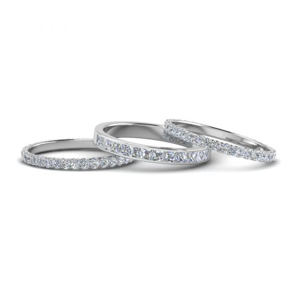Sterling Silver Delicate Eternity Princess And Round Cut Stackable Band Set