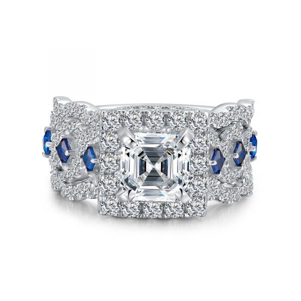 Sterling Silver Exquisite Halo Asscher With Round Cut Trio Wedding Ring Set
