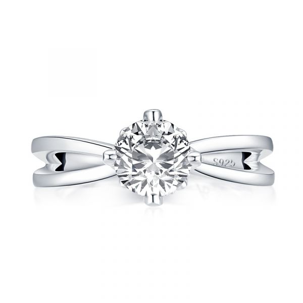 Sterling Silver Split Shank Round Cut Engagement Ring