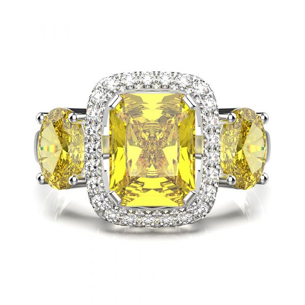 Sterling Silver Elegant Three Stone Halo Radiant Cut Engagement Ring