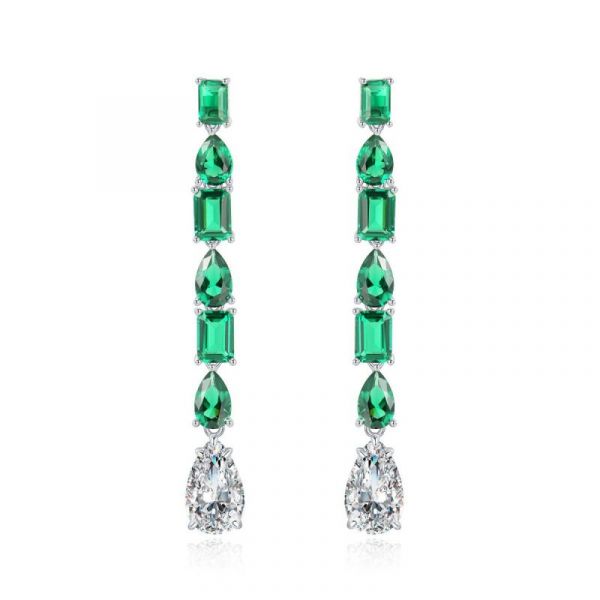 Sterling Silver Classic Pear With Emerald Cut Dangle Earrings