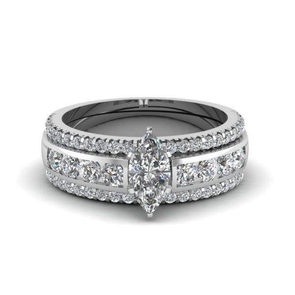 Sterling Silver Elegant Marquise With Round Cut Trio Wedding Ring Set