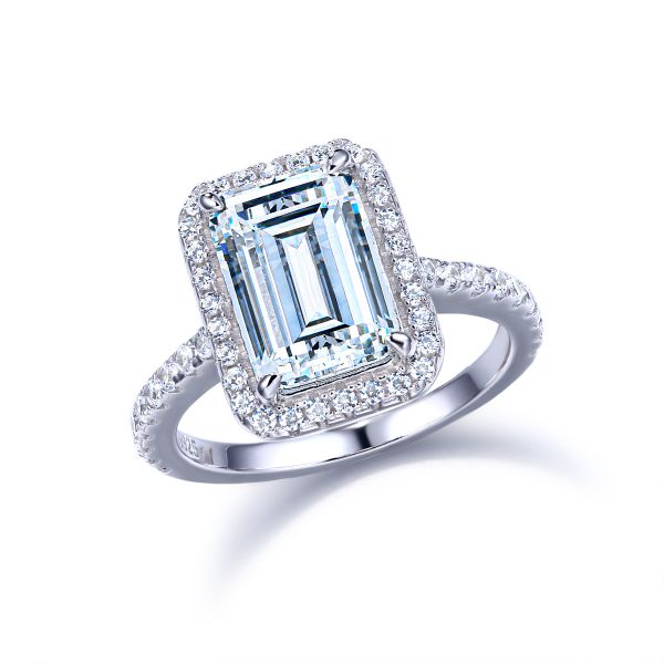 Sterling Silver Delicate Halo Emerald Cut Engagement Ring