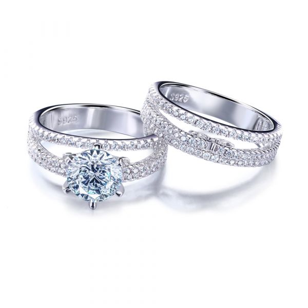 Sterling Silver Classic Split Shank Round Cut Wedding Ring Set