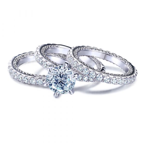 Sterling Silver Exquisite Round Cut Trio Eternity Wedding Ring Set