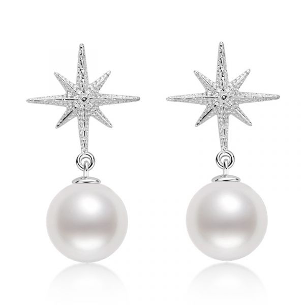 Sterling Silver Star Inspired White Pearl Drop Earrings