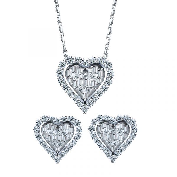  Sterling Silver Delicate Heart Shape Halo Round And Baguette Cut Jewelry Set