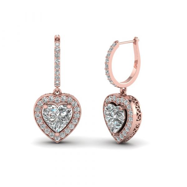 Sterling Silver Classic Heart Design Halo Heart Cut Drop Earrings