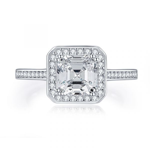 Sterling Silver Delicate Halo Asscher With Round Cut Engagement Ring