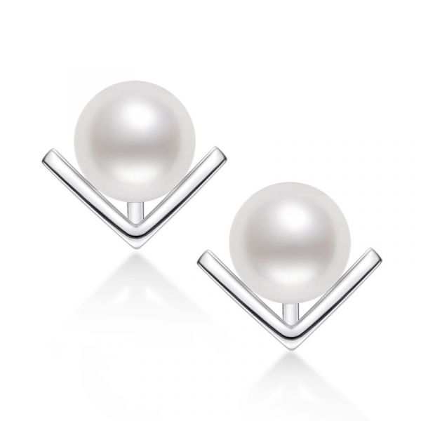 Sterling Silver Elegant V Shape Design Round Pearl Stud Earrings