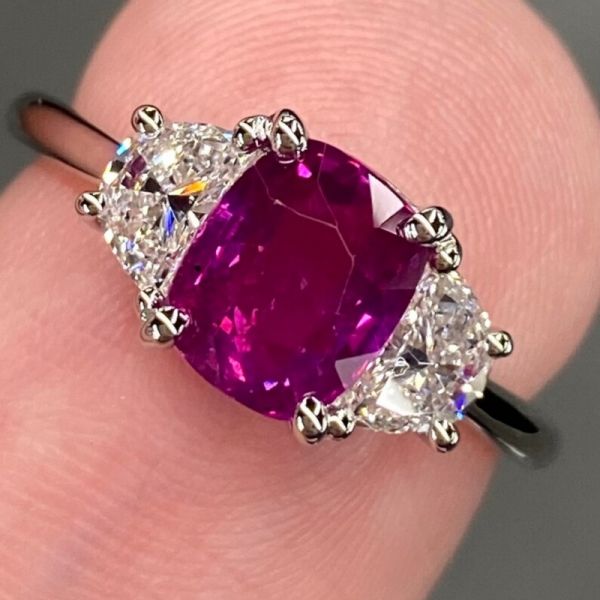 Stunning 2.6 CT Ruby Red Cushion Cut Half Moon Three Stone Diamond Ring 