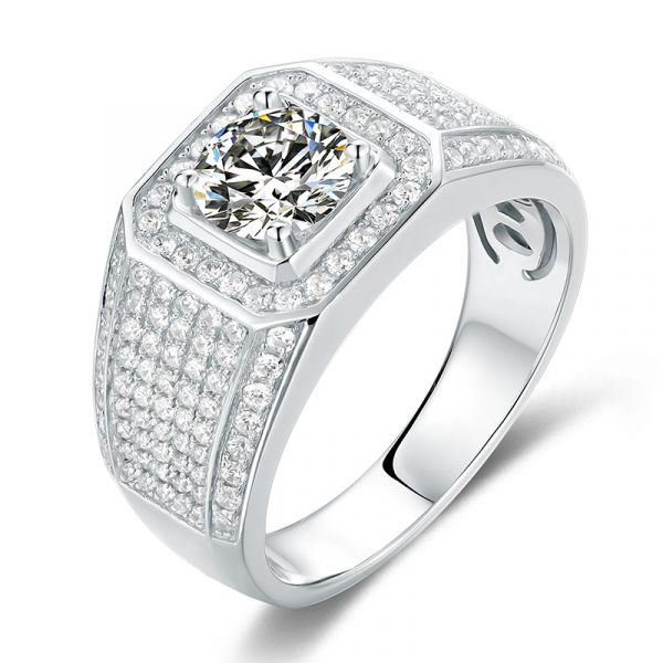 Sterling Silver Luxury Halo Round Cut Men's Wedding Ring
