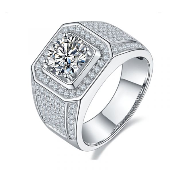 Sterling Silver Luxury Halo Round Cut Men's Wedding Ring