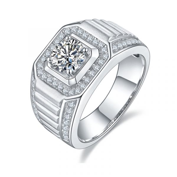 Sterling Silver Luxury Halo Design Round Cut Men's Wedding Ring