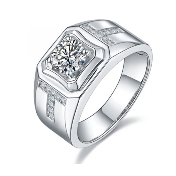 Sterling Silver Elegant T Shape Round Cut Men's Wedding Ring